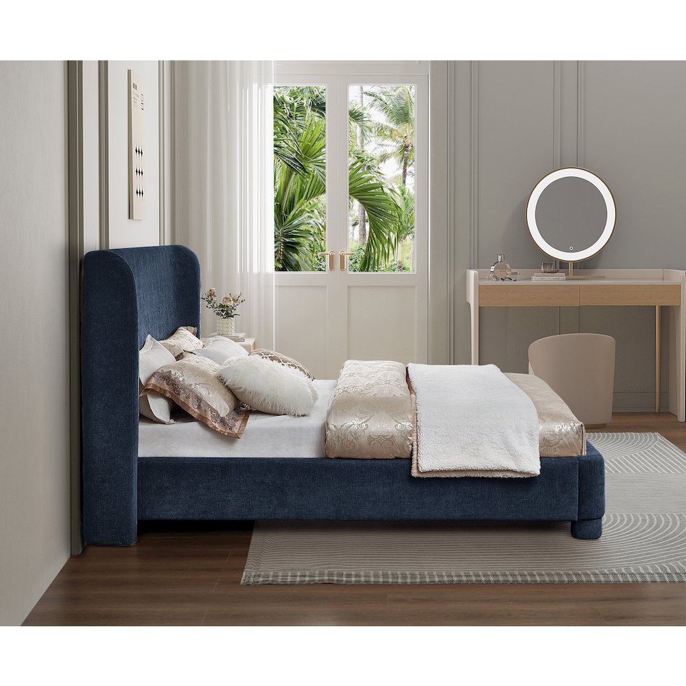 Penny Navy Chenille Fabric Queen Bed. Picture 5