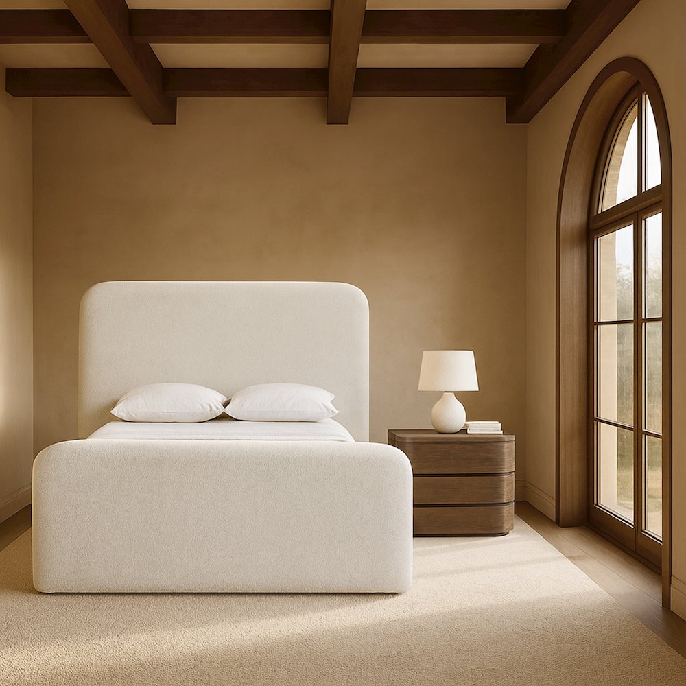Fira Cream Chenille Fabric Upholstered King Bed. Picture 7