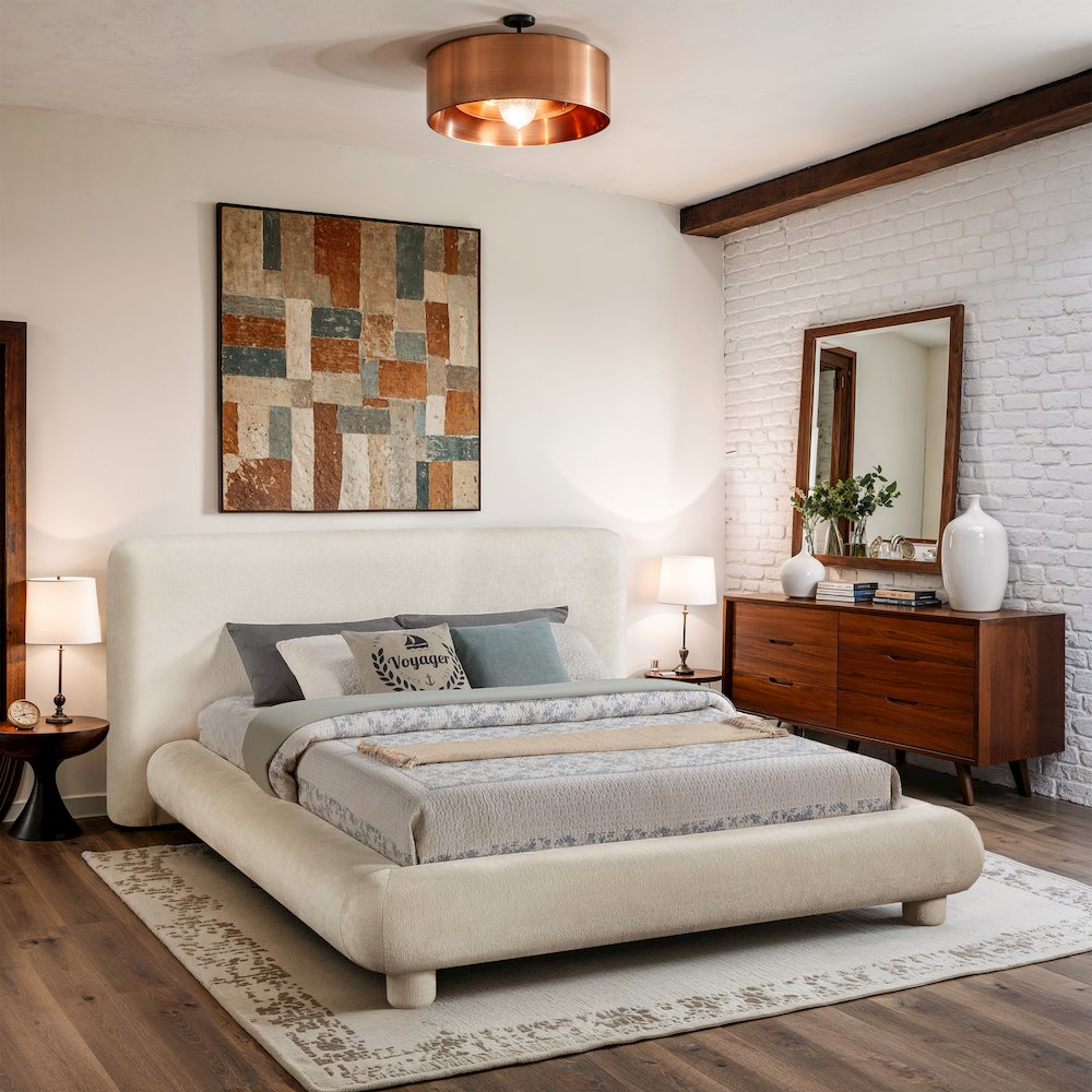 Blair Cream Chenille Fabric Upholstered King Bed. Picture 7