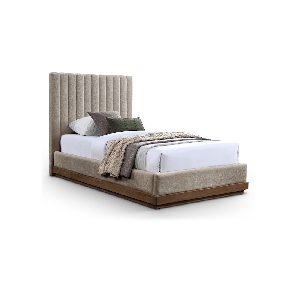 Emmet Beige Chenille Fabric Twin Bed. Picture 1
