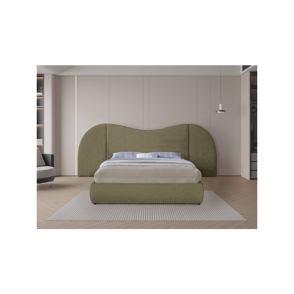 Everest Olive Green Boucle Fabric Queen Bed. Picture 3