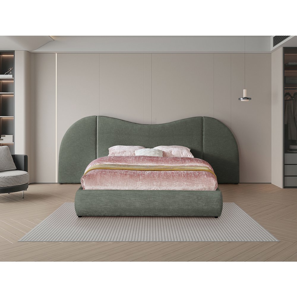 Everest Olive Green Linen Textured Fabric Queen Bed. Picture 3