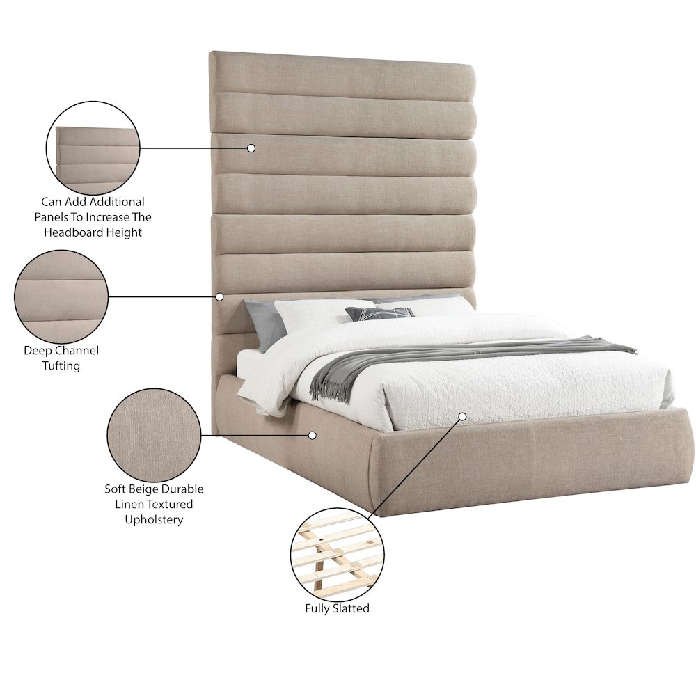 Adam Beige Linen Textured Fabric Queen Bed. Picture 9