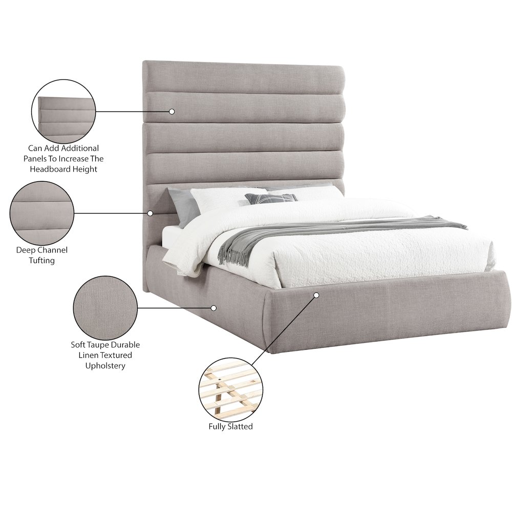Adam Taupe Linen Textured Fabric Queen Bed. Picture 9