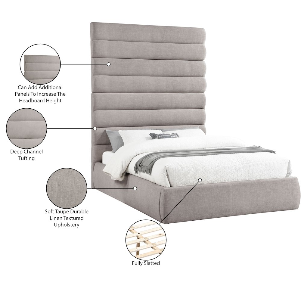 Adam Taupe Linen Textured Fabric Queen Bed. Picture 9