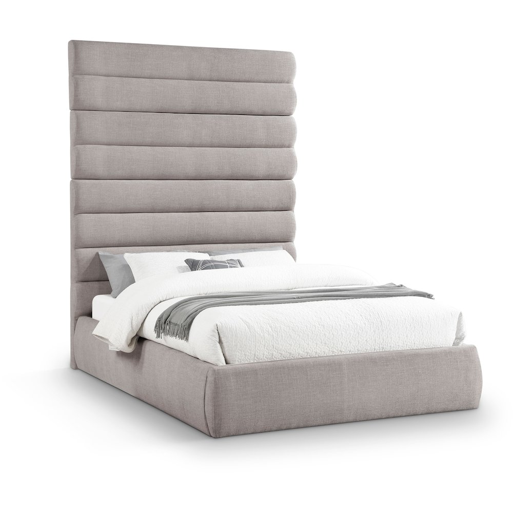 Adam Taupe Linen Textured Fabric Queen Bed. Picture 1