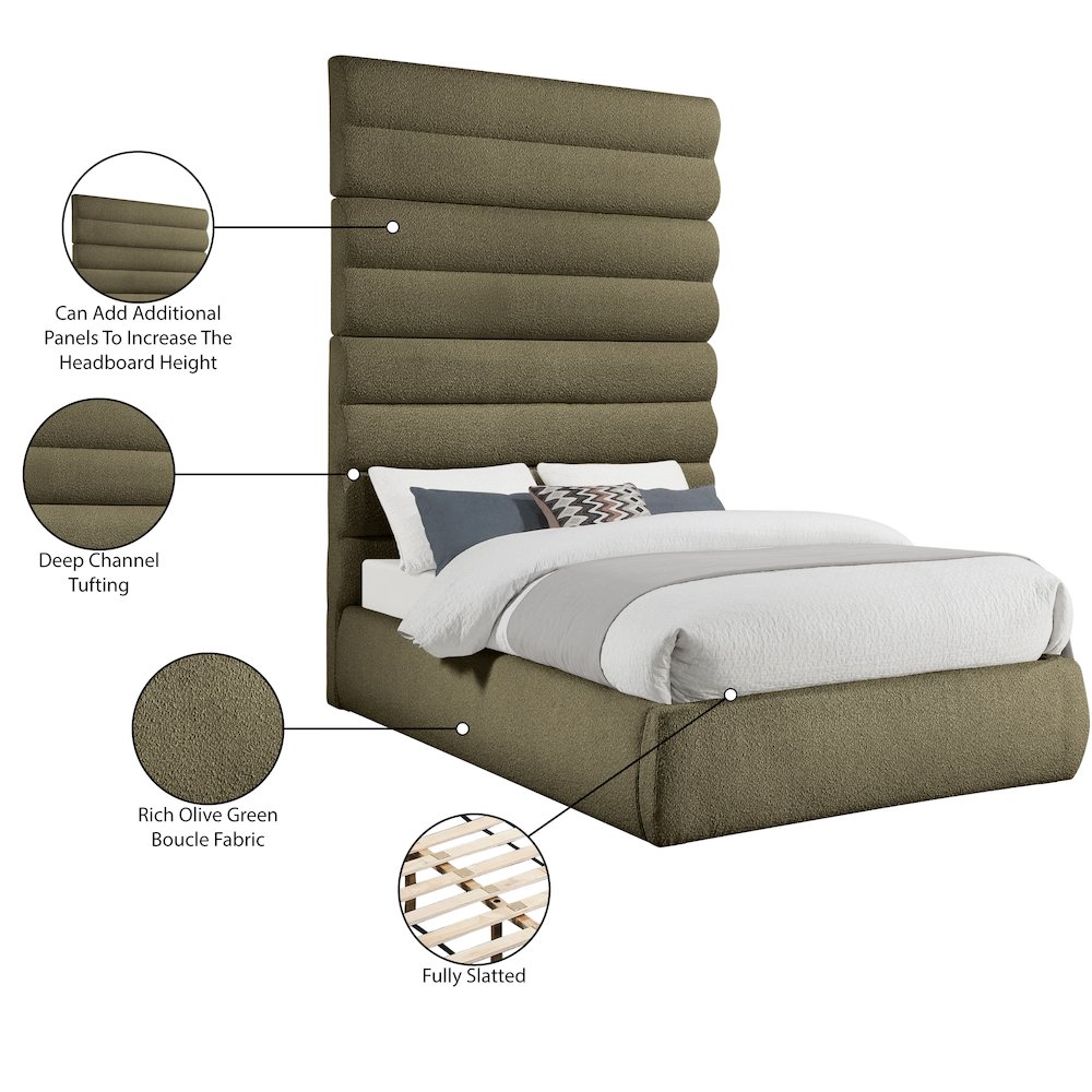 Adam Olive Boucle Fabric King Bed. Picture 9