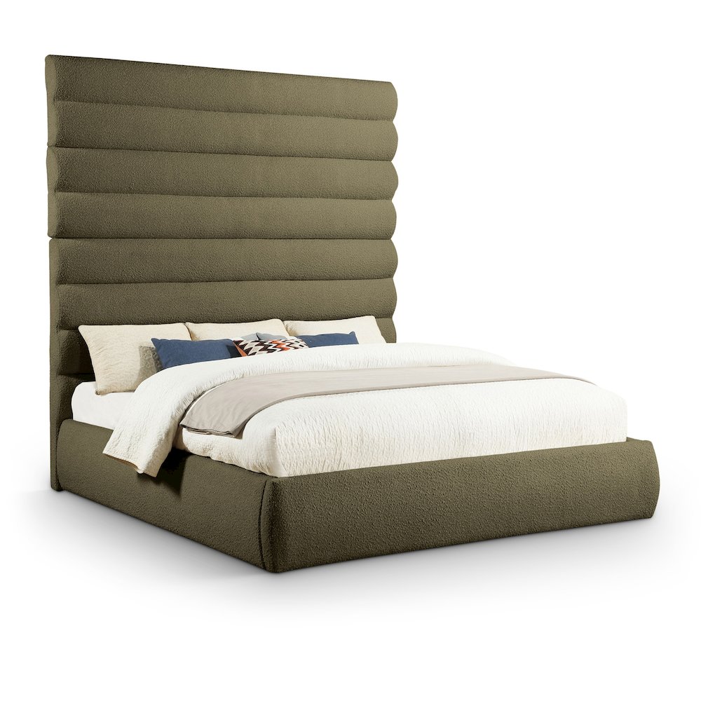 Adam Olive Boucle Fabric King Bed. Picture 1