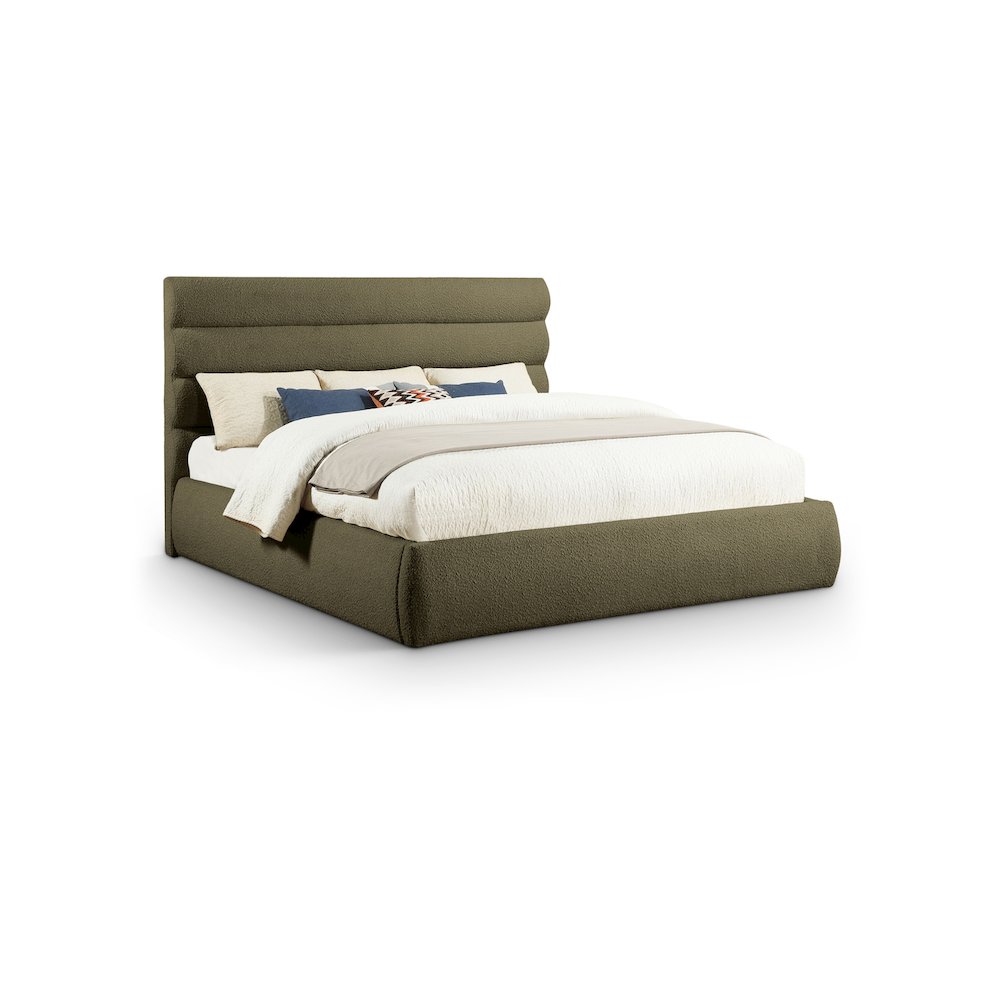 Adam Olive Boucle Fabric King Bed. Picture 1