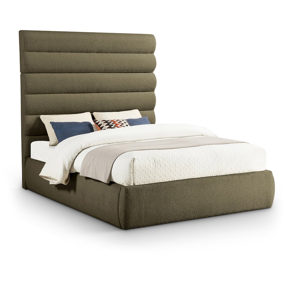 Adam Olive Boucle Fabric Queen Bed. Picture 1
