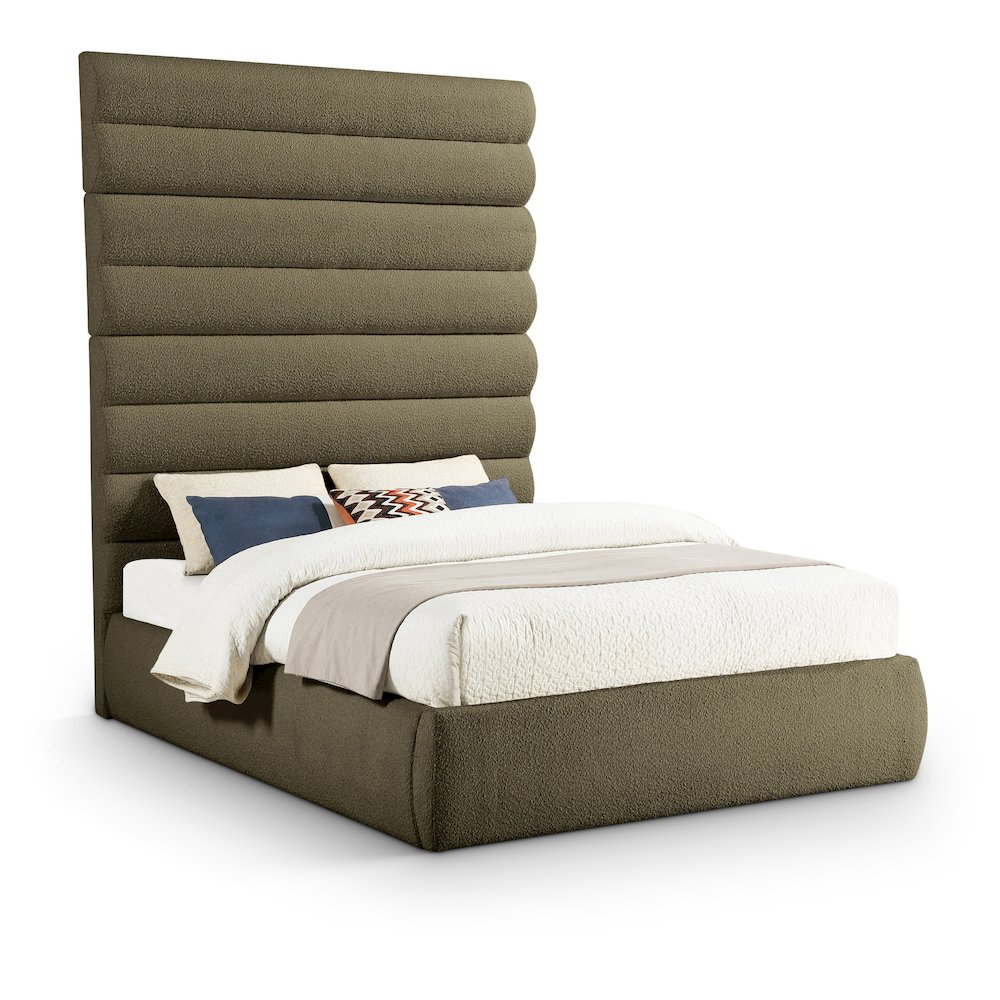 Adam Olive Boucle Fabric Queen Bed. Picture 1