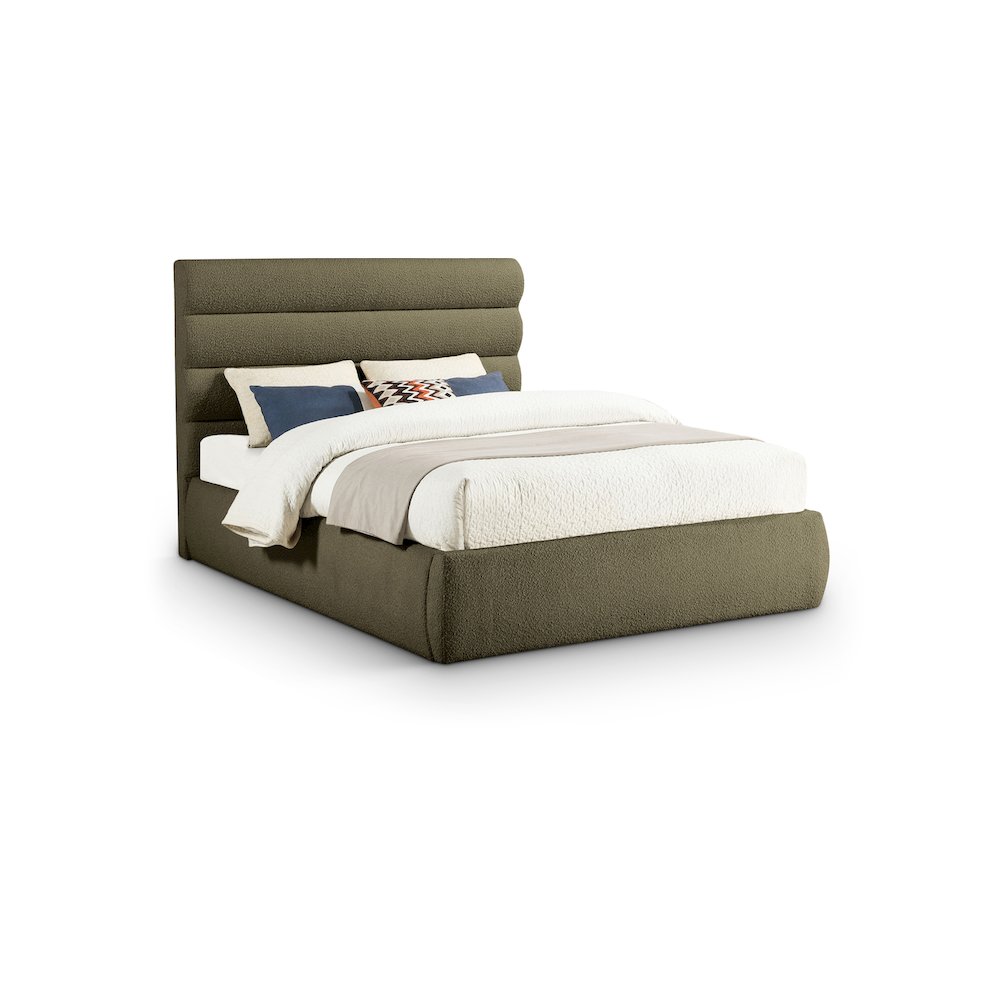 Adam Olive Boucle Fabric Queen Bed. Picture 1