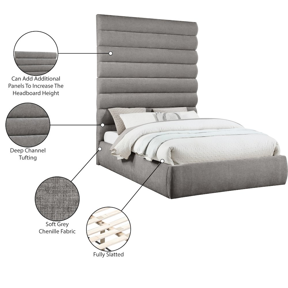 Adam Grey Chenille Fabric Queen Bed. Picture 9