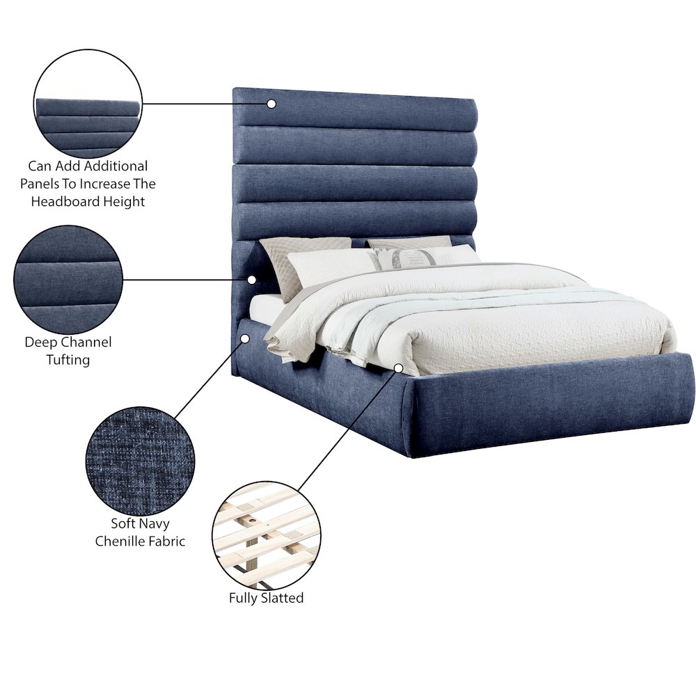 Adam Navy Chenille Fabric Queen Bed. Picture 9
