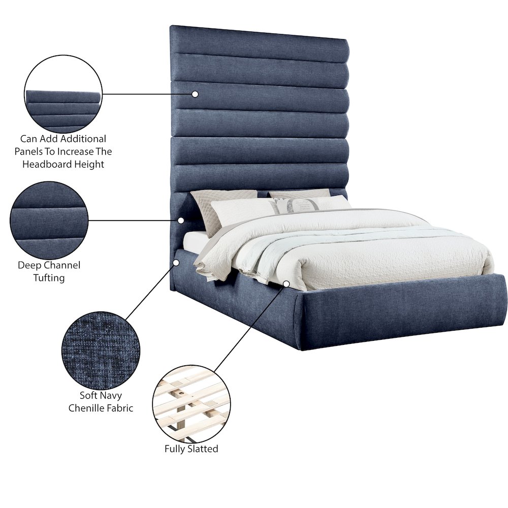 Adam Navy Chenille Fabric Queen Bed. Picture 9