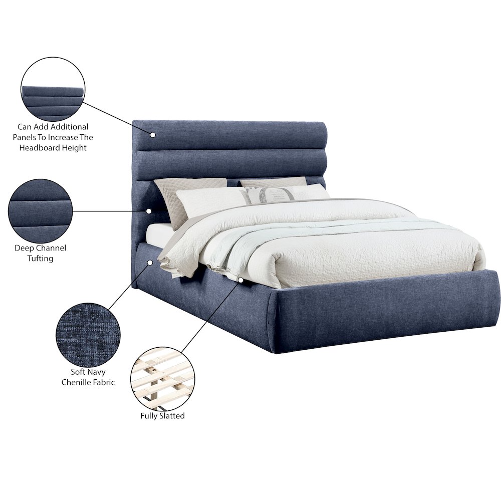Adam Navy Chenille Fabric Queen Bed. Picture 9