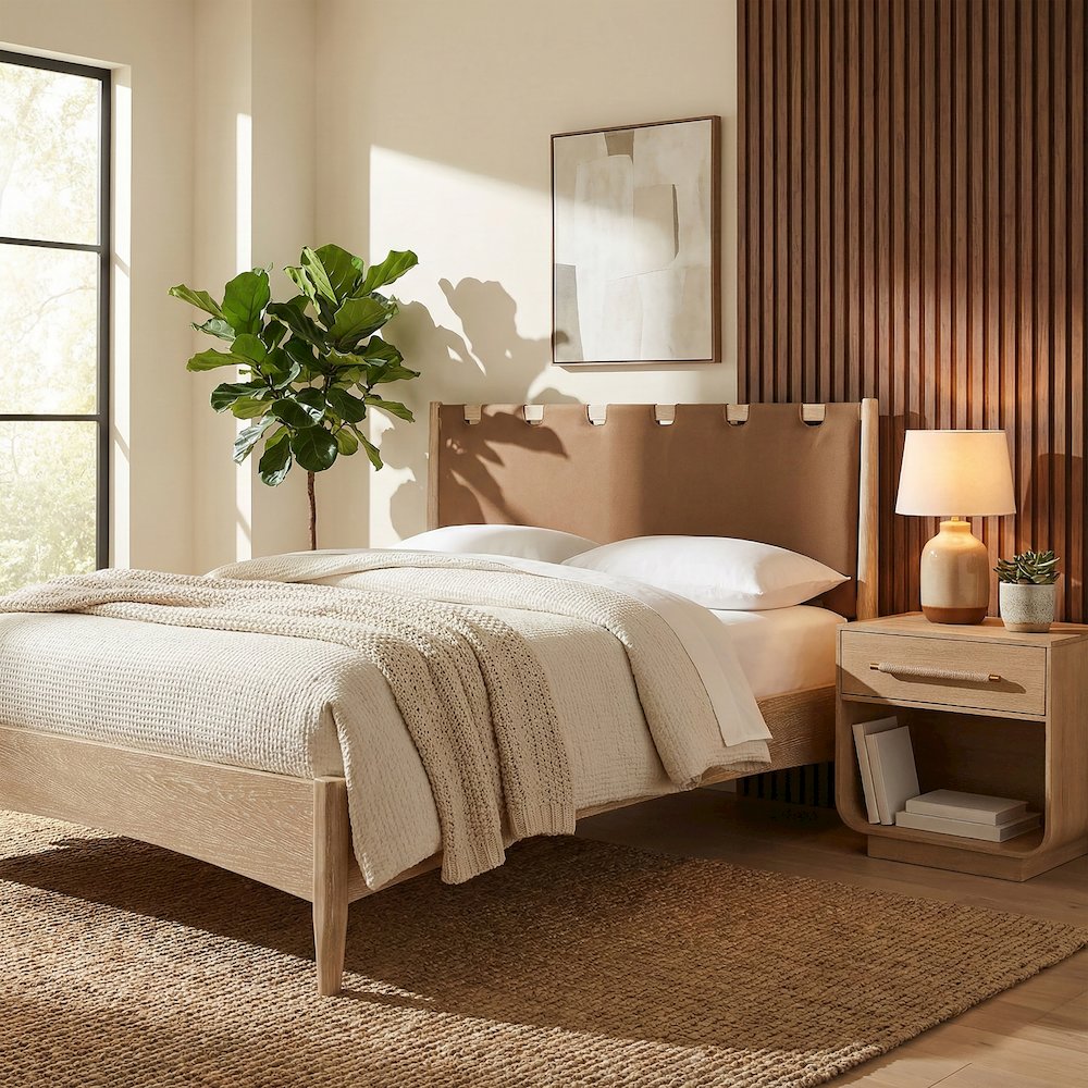 Santos Brown Vegan Leather Headboard And Wood Queen Bed. Picture 2