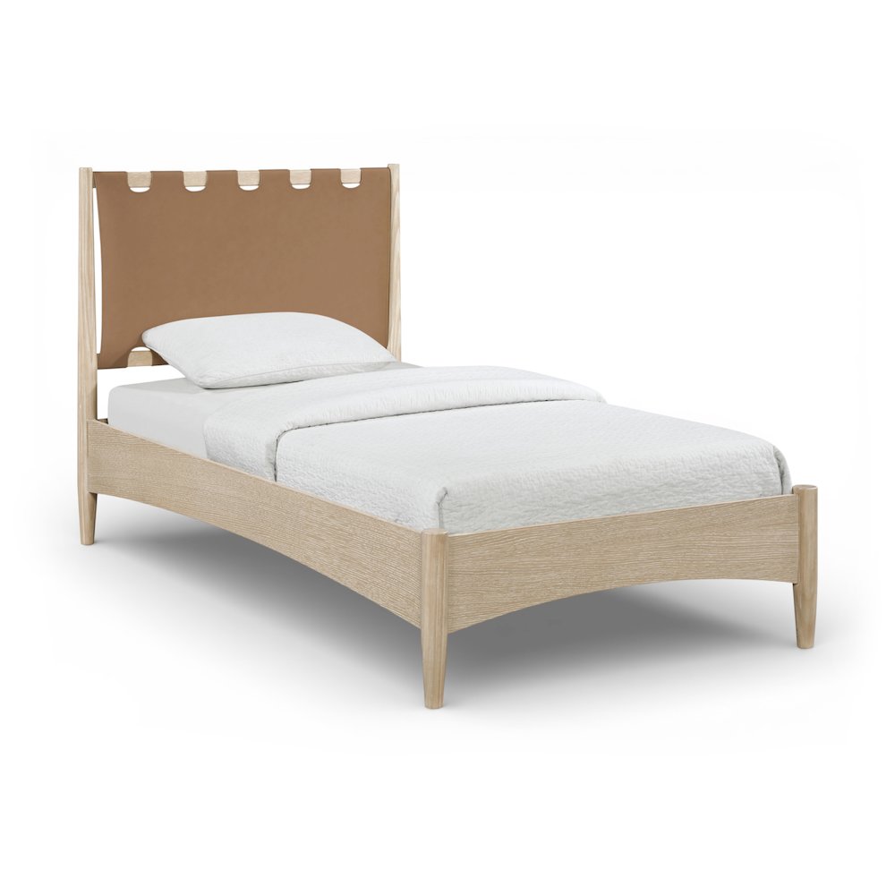 Santos Brown Vegan Leather Headboard And Wood Twin Bed. Picture 1