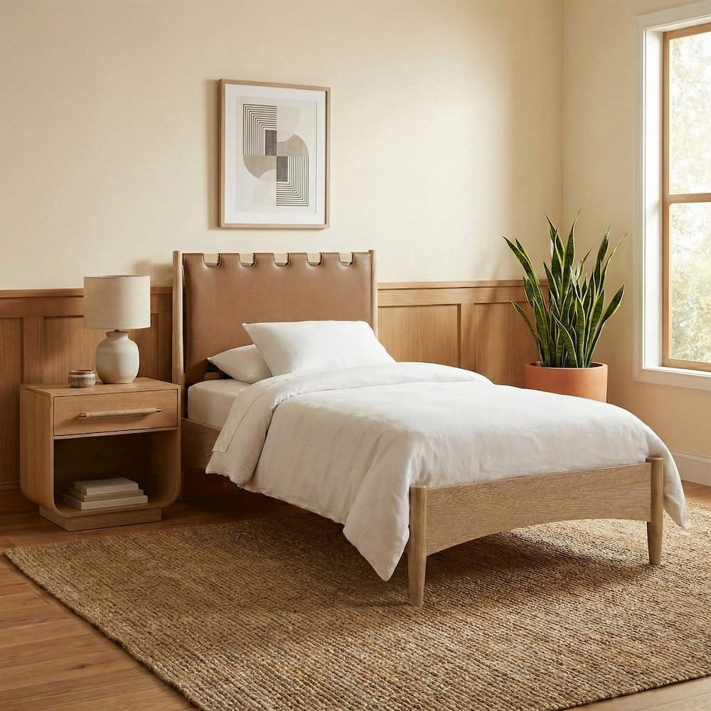 Santos Brown Vegan Leather Headboard And Wood Twin Bed. Picture 2