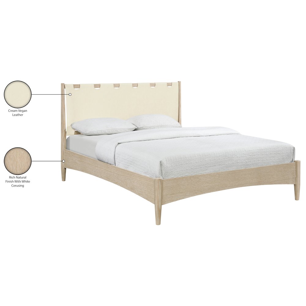 Santos Cream Vegan Leather Headboard And Wood King Bed. Picture 12