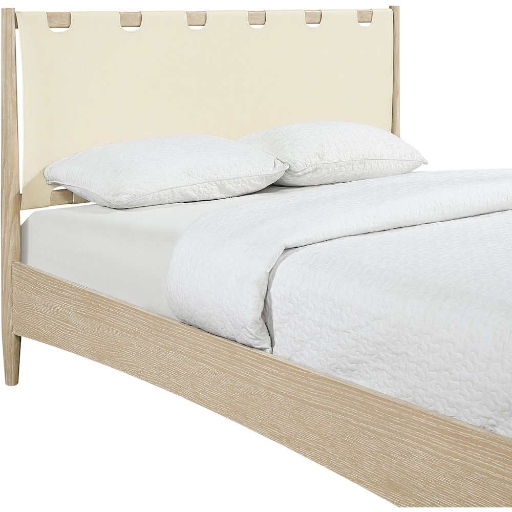 Santos Cream Vegan Leather Headboard And Wood King Bed. Picture 6