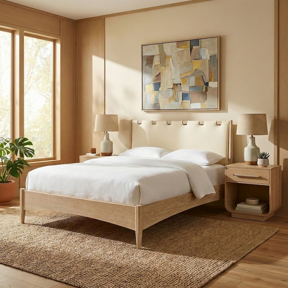 Santos Cream Vegan Leather Headboard And Wood Queen Bed. Picture 2