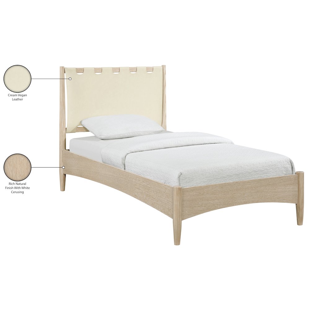 Santos Cream Vegan Leather Headboard And Wood Twin Bed. Picture 12