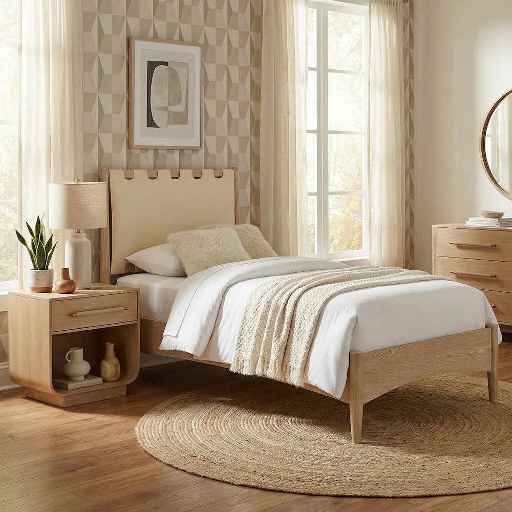 Santos Cream Vegan Leather Headboard And Wood Twin Bed. Picture 2