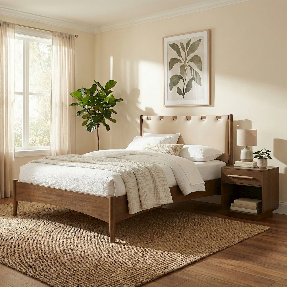 Santos Beige Vegan Leather Headboard And Wood Full Bed. Picture 2