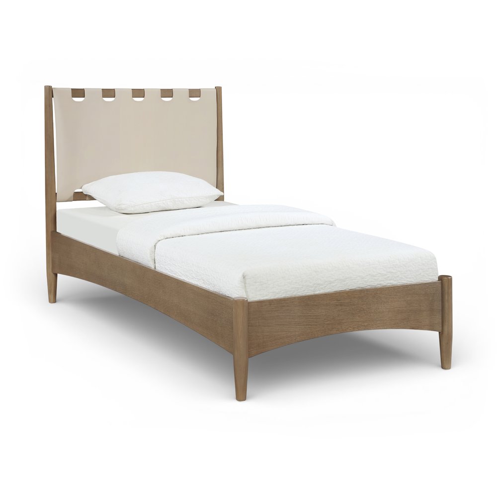 Santos Beige Vegan Leather Headboard And Wood Twin Bed. Picture 1
