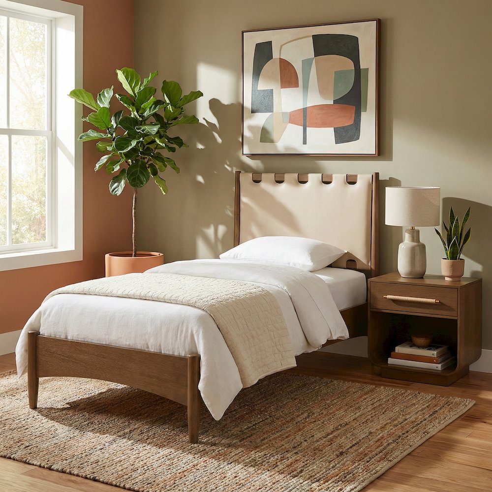 Santos Beige Vegan Leather Headboard And Wood Twin Bed. Picture 2