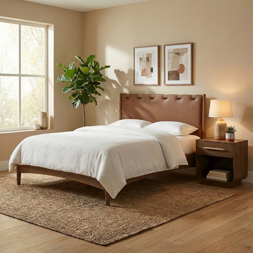 Santos Brown Vegan Leather Headboard And Wood King Bed. Picture 2