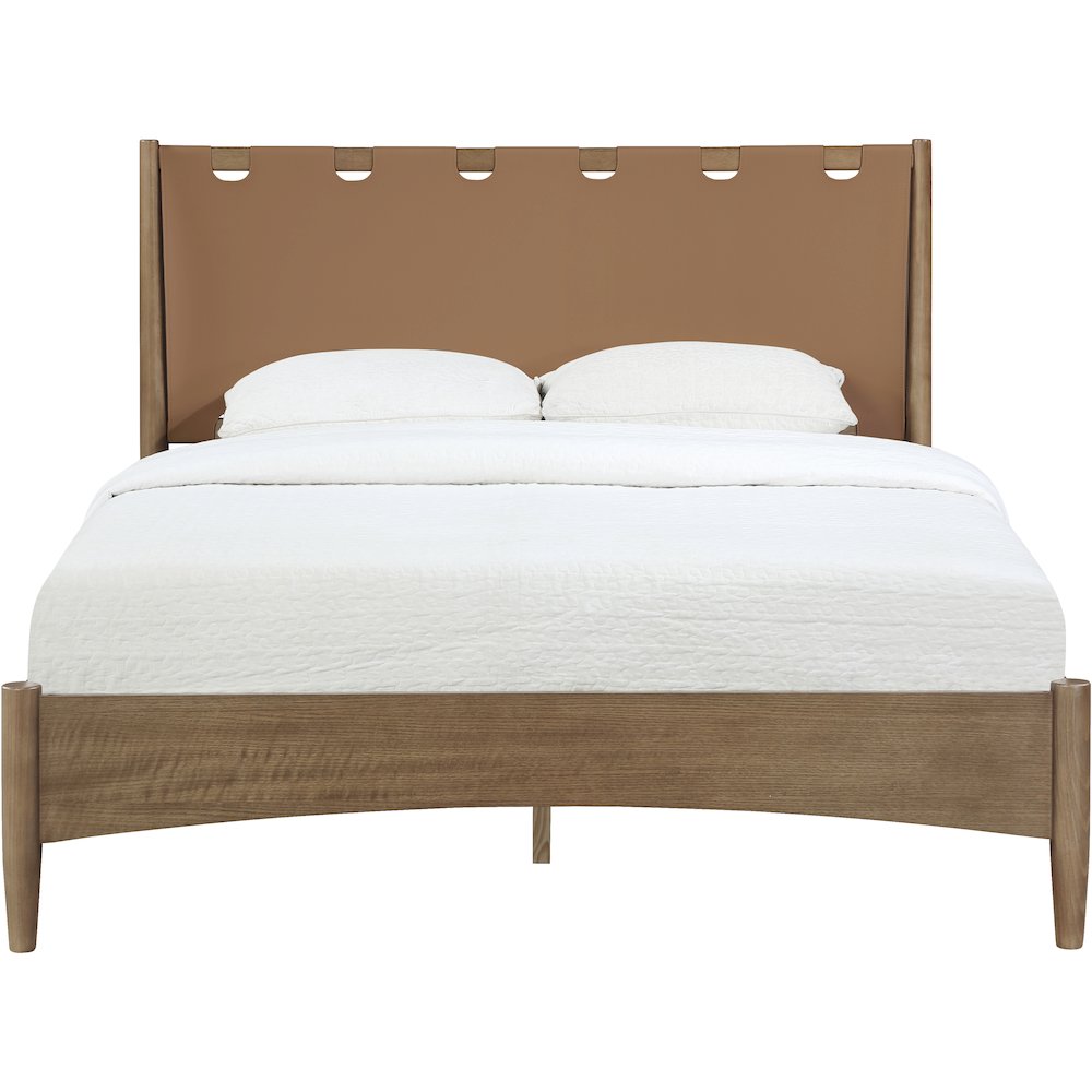 Santos Brown Vegan Leather Headboard And Wood Queen Bed. Picture 3