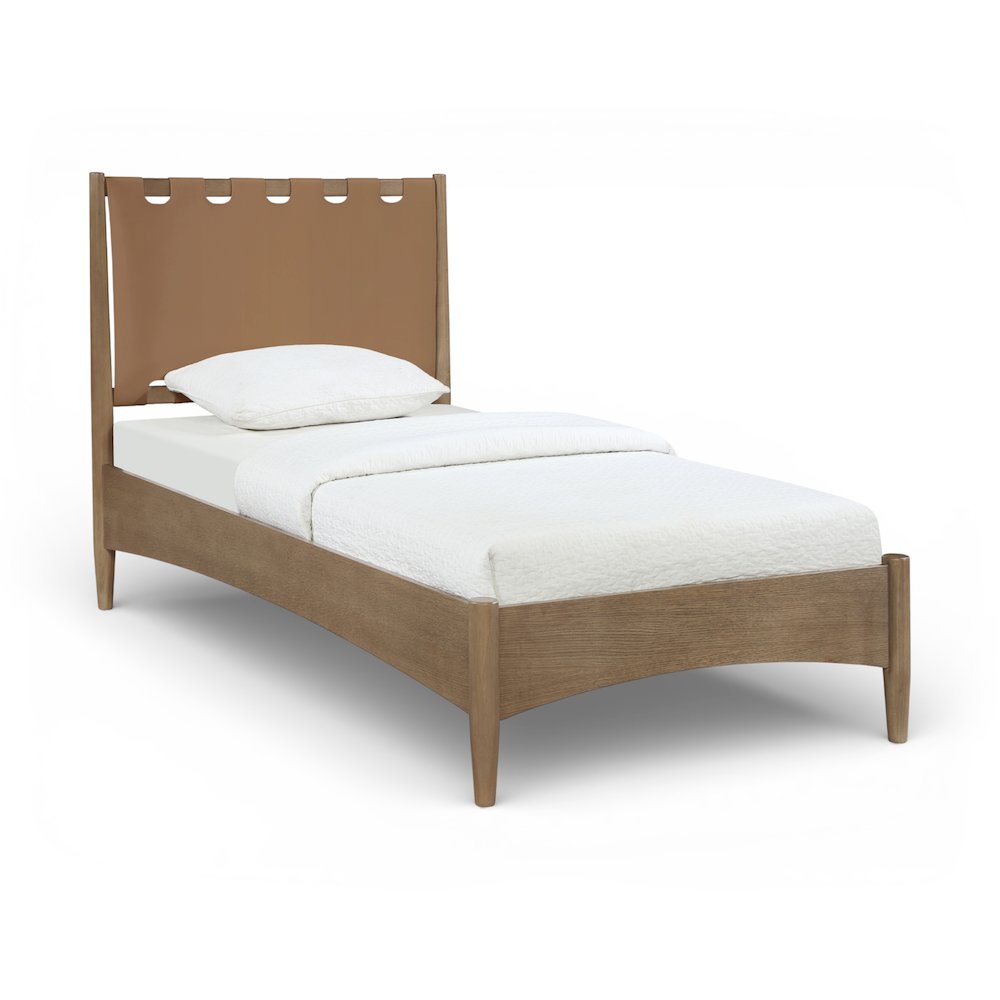 Santos Brown Vegan Leather Headboard And Wood Twin Bed. Picture 1