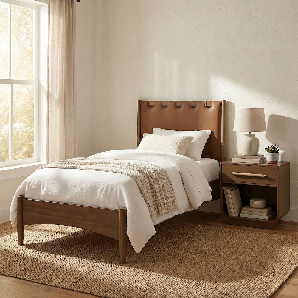 Santos Brown Vegan Leather Headboard And Wood Twin Bed. Picture 2