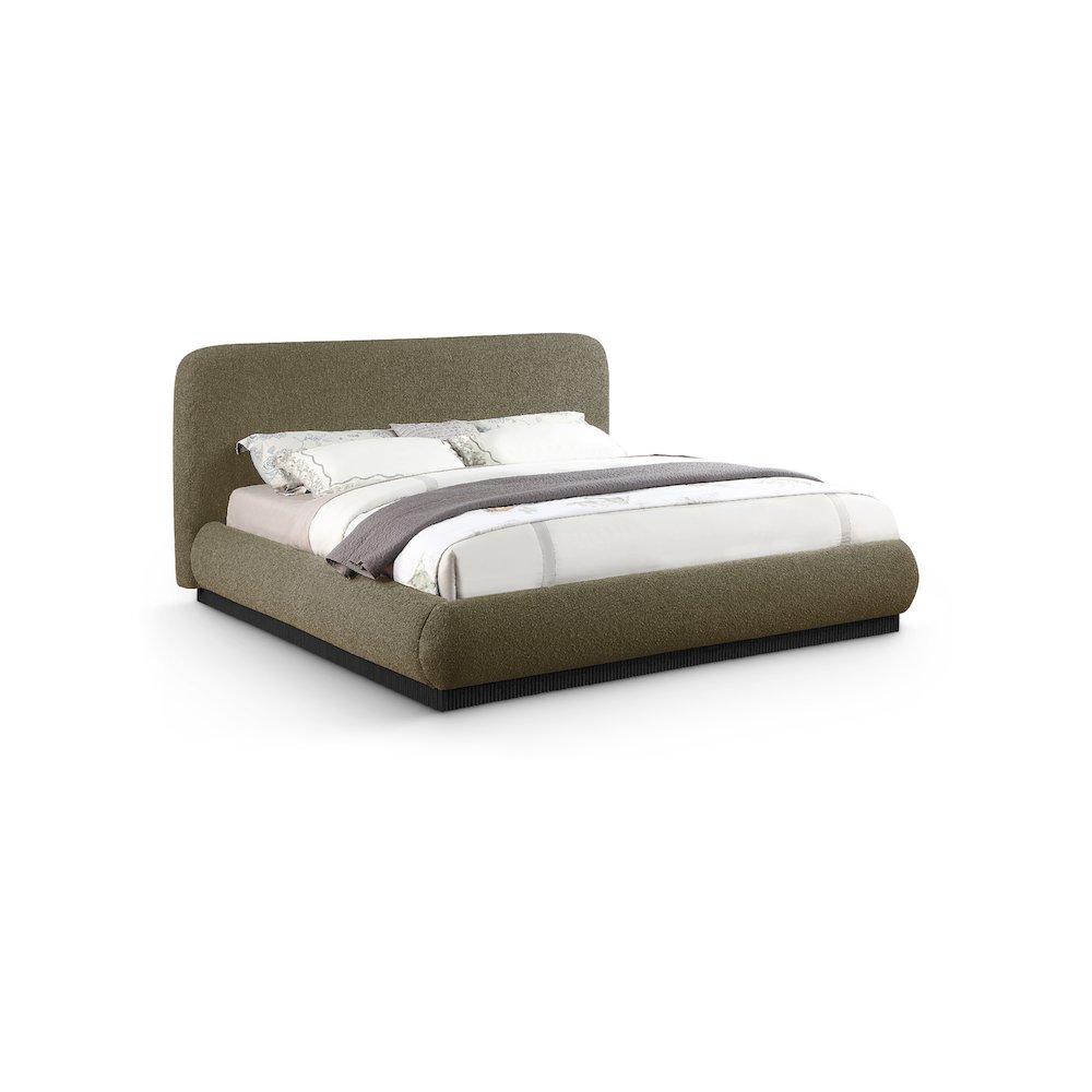 Rigby Olive Boucle Fabric Queen Bed. Picture 1