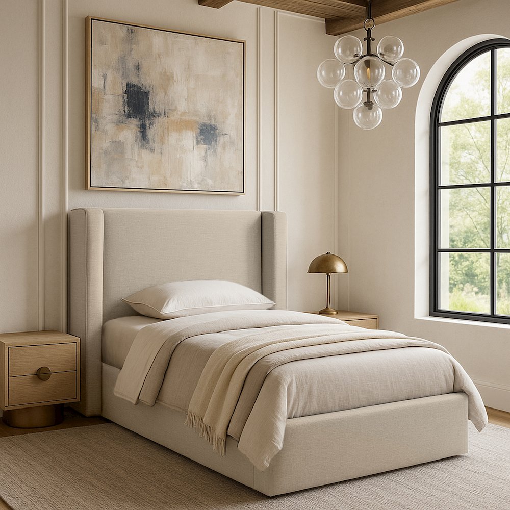 Kendall Beige Linen Textured Fabric Upholstered Twin Bed. Picture 7