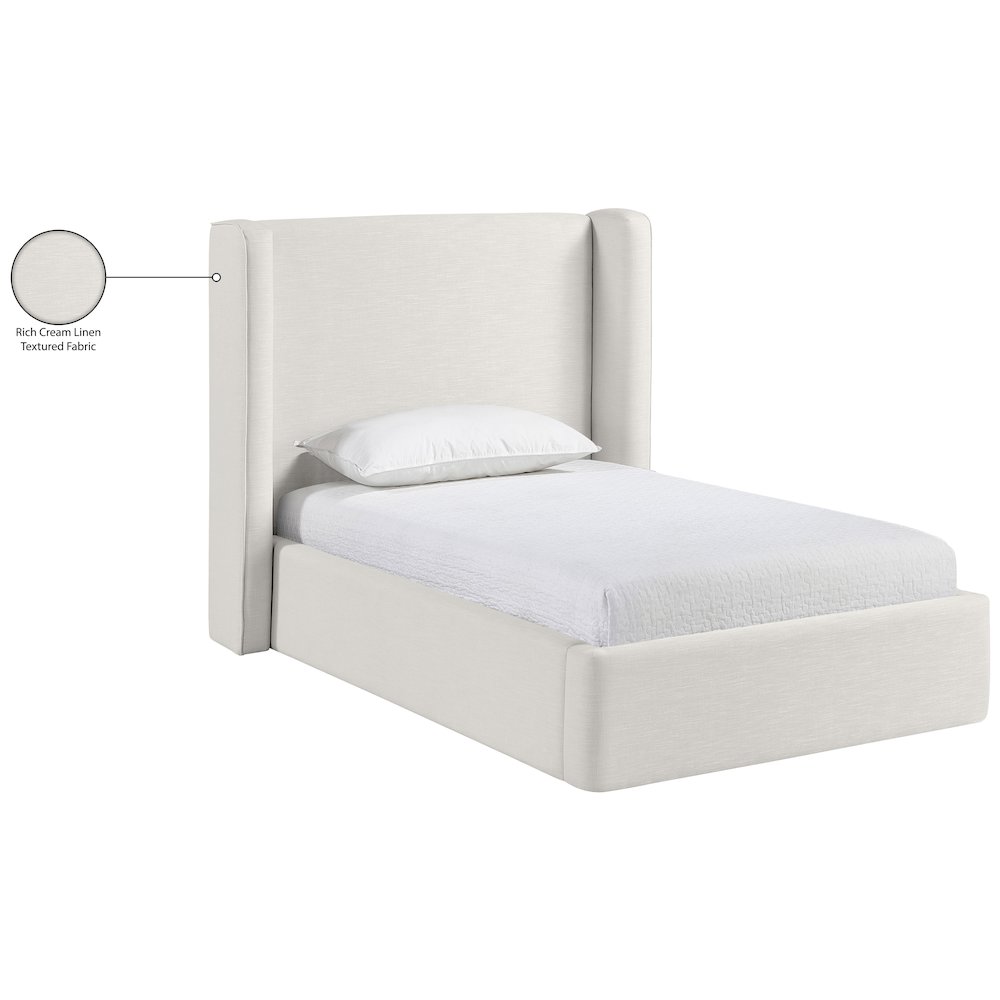 Kendall Cream Linen Textured Fabric Upholstered Twin Bed. Picture 12