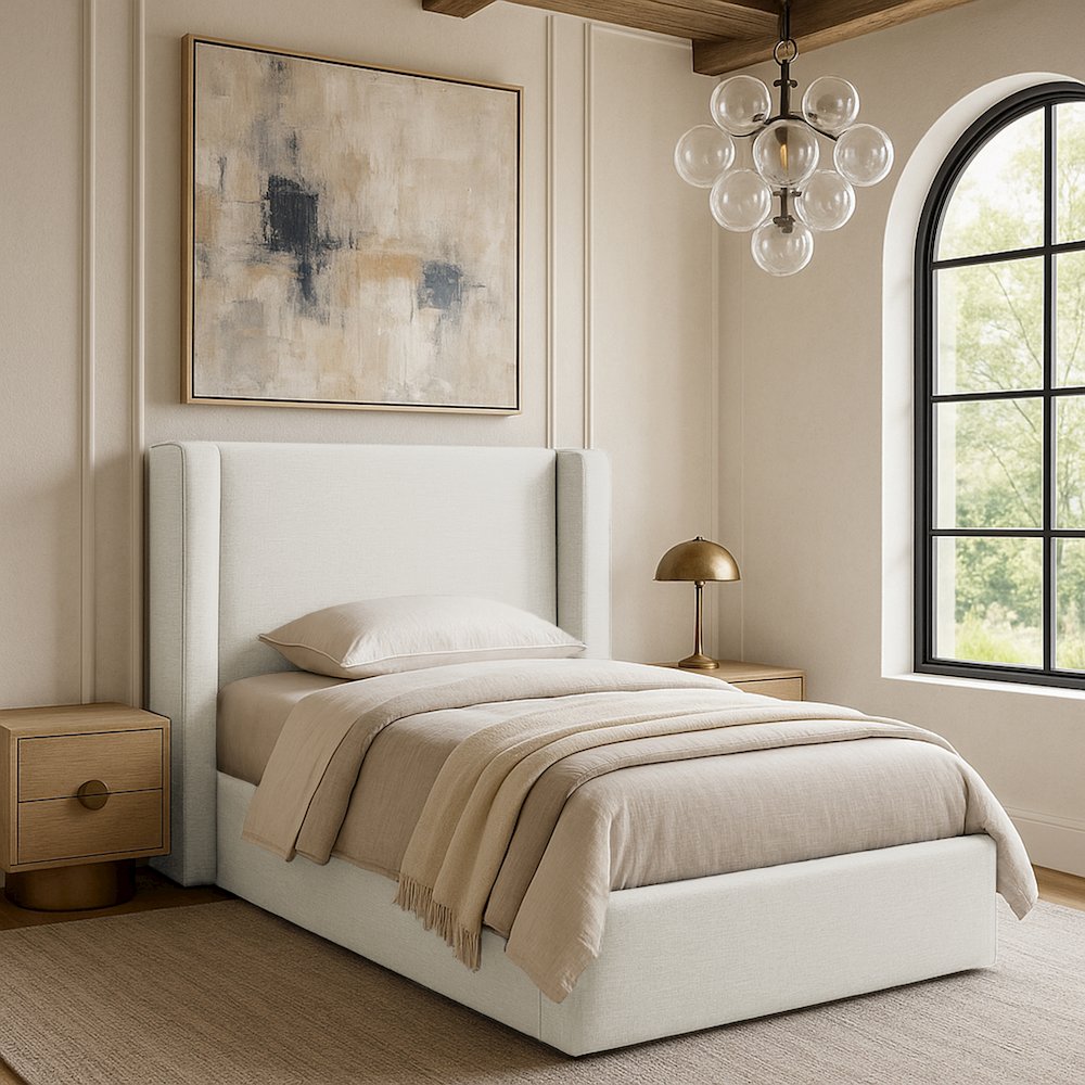 Kendall Cream Linen Textured Fabric Upholstered Twin Bed. Picture 7
