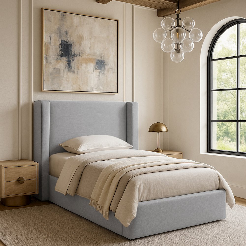 Kendall Grey Linen Textured Fabric Upholstered Twin Bed. Picture 7