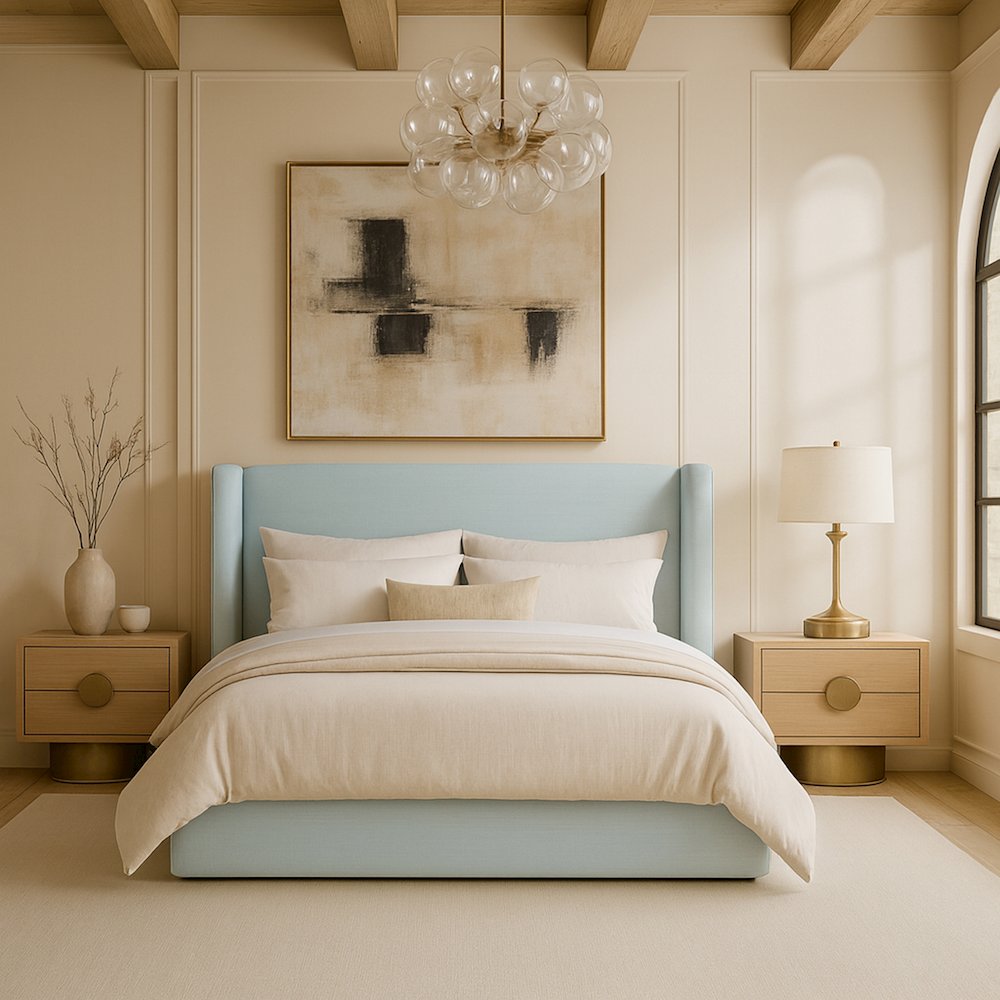 Kendall Light Blue Linen Textured Fabric Upholstered King Bed. Picture 7