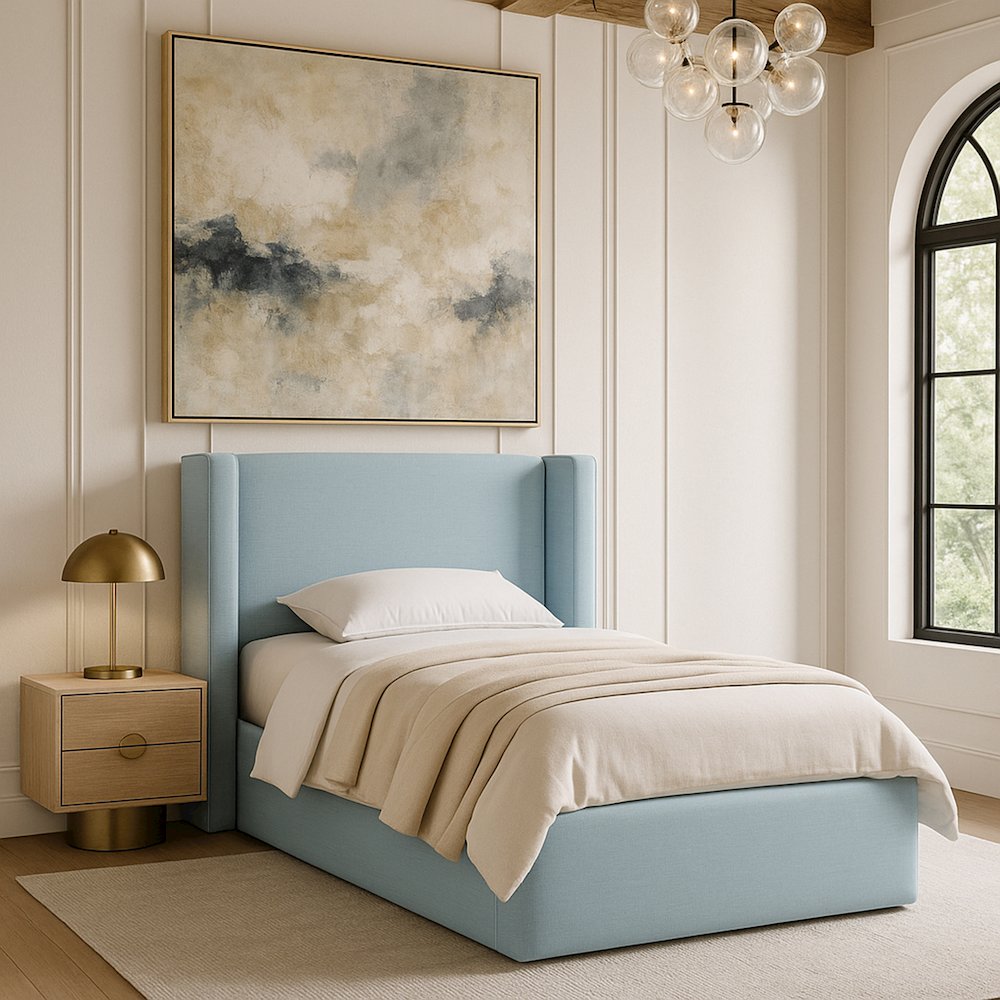Kendall Light Blue Linen Textured Fabric Upholstered Twin Bed. Picture 7