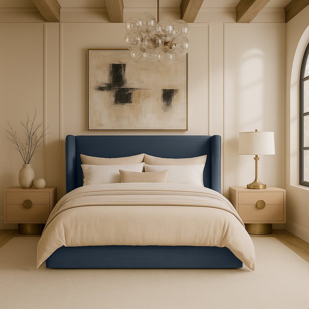 Kendall Navy Linen Textured Fabric Upholstered King Bed. Picture 7