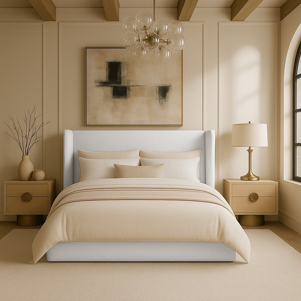 Kendall White Linen Textured Fabric Upholstered Full Bed. Picture 7