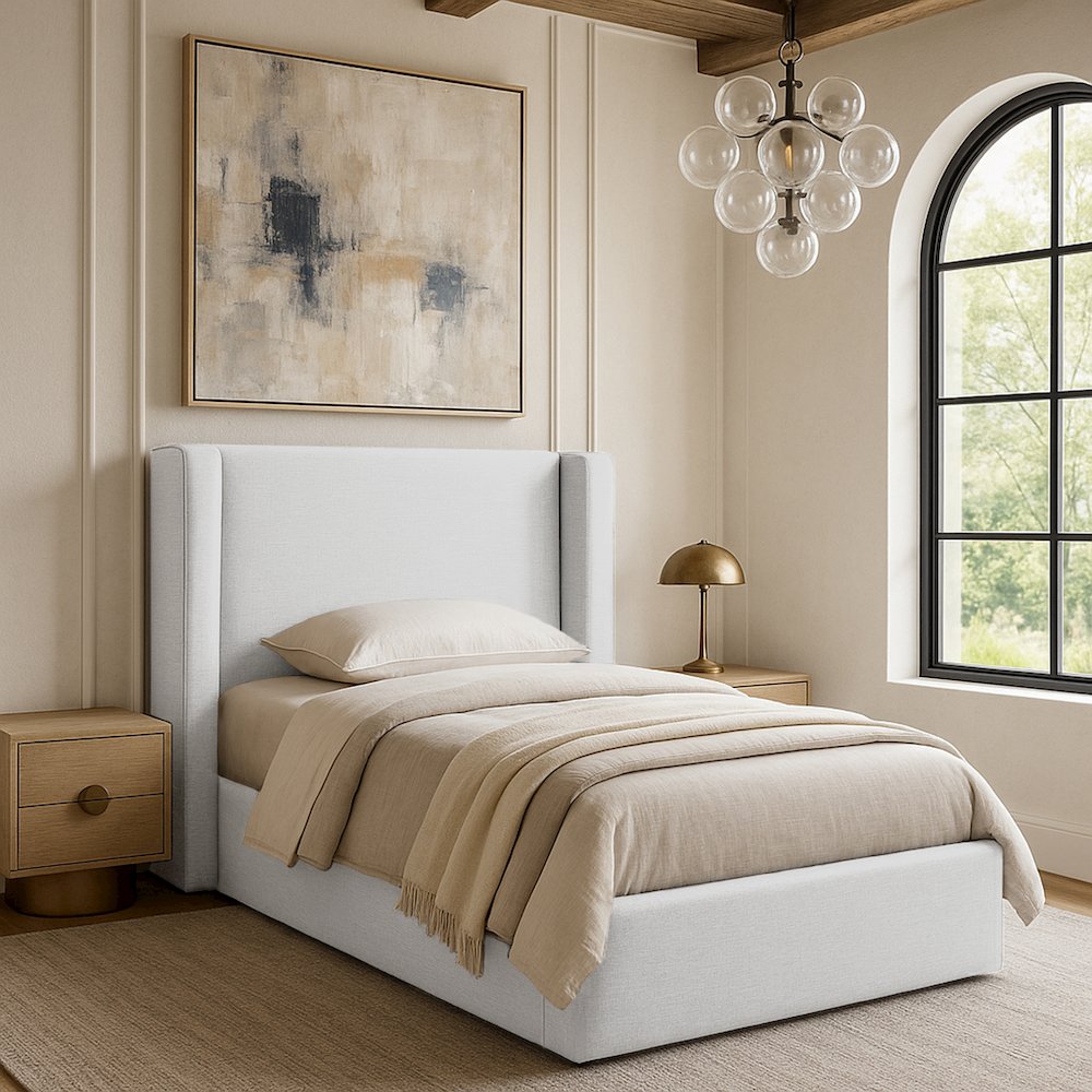 Kendall White Linen Textured Fabric Upholstered Twin Bed. Picture 7
