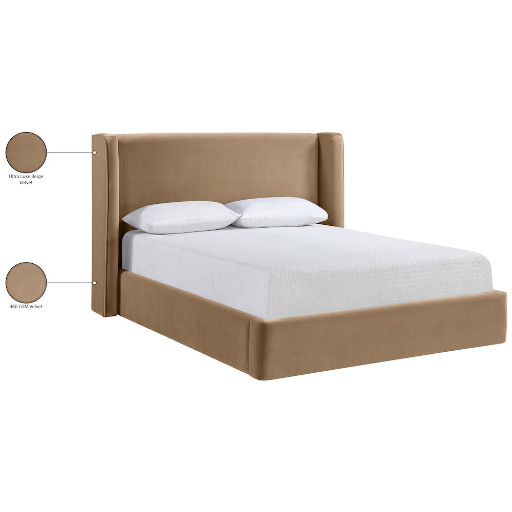 Kendall Beige Velvet Upholstered Queen Bed. Picture 2