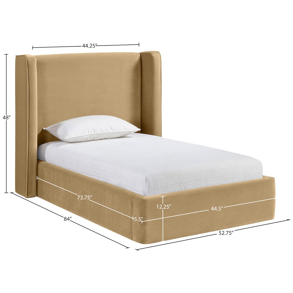 Kendall Camel Velvet Upholstered Twin Bed. Picture 3