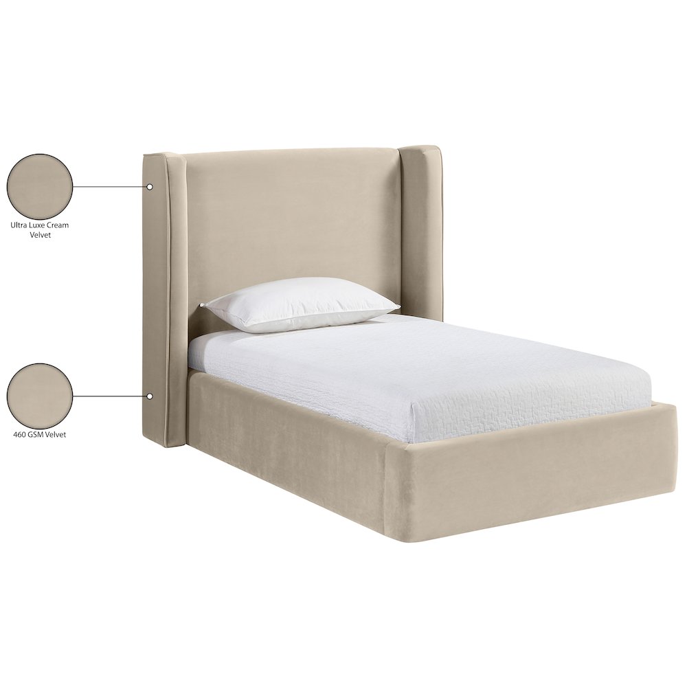 Kendall Cream Velvet Upholstered Twin Bed. Picture 2