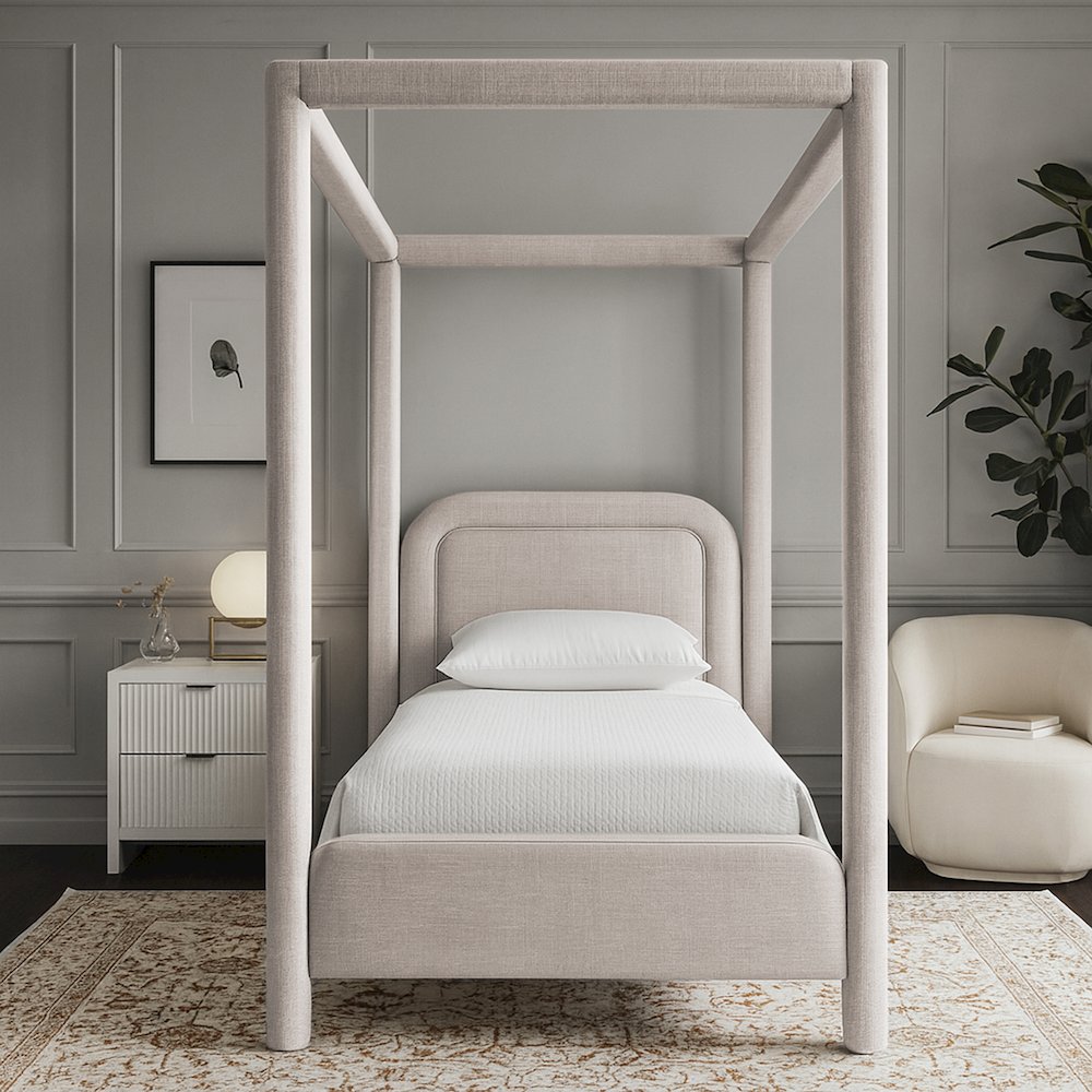 Salina Beige Linen Textured Fabric Upholstered Twin Bed. Picture 7