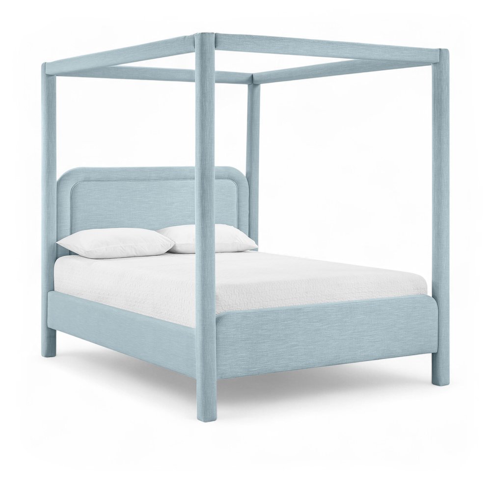 Salina Light Blue Linen Textured Fabric Upholstered King Bed. Picture 1